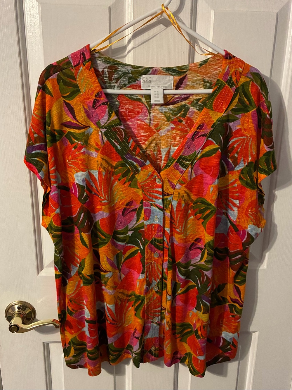 C.C Tropical Button-Front Short Sleeve Top in Orange, Pink & Green